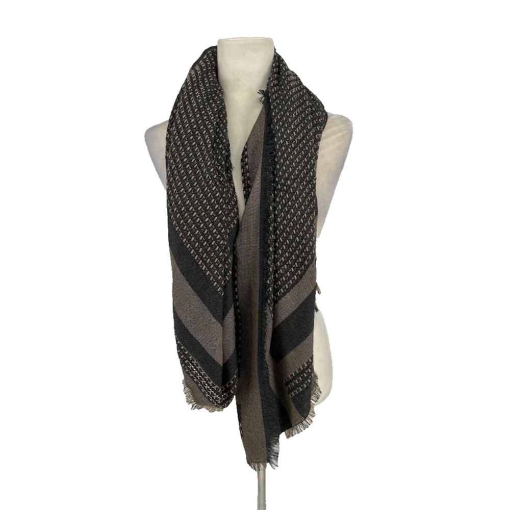 Vince Camuto Blanket Square Scarf Brown Black Basket Weave Fringe 46x48"